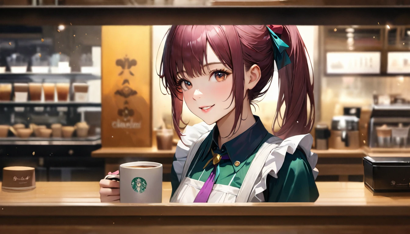 Coffee shop, Maid clothes,Coffee cup,Blur the background,High school girls,ponytail,smile,Glitter effect,Highest quality, 4K, 8k, High resolution, masterpiece:1.2, Very detailed, Realistic:1.37, High resolution, 超High resolution, Ultra-fine painting, Sharp focus, Physically Based Rendering, Very detailedな説明, Professional, Vibrant colors