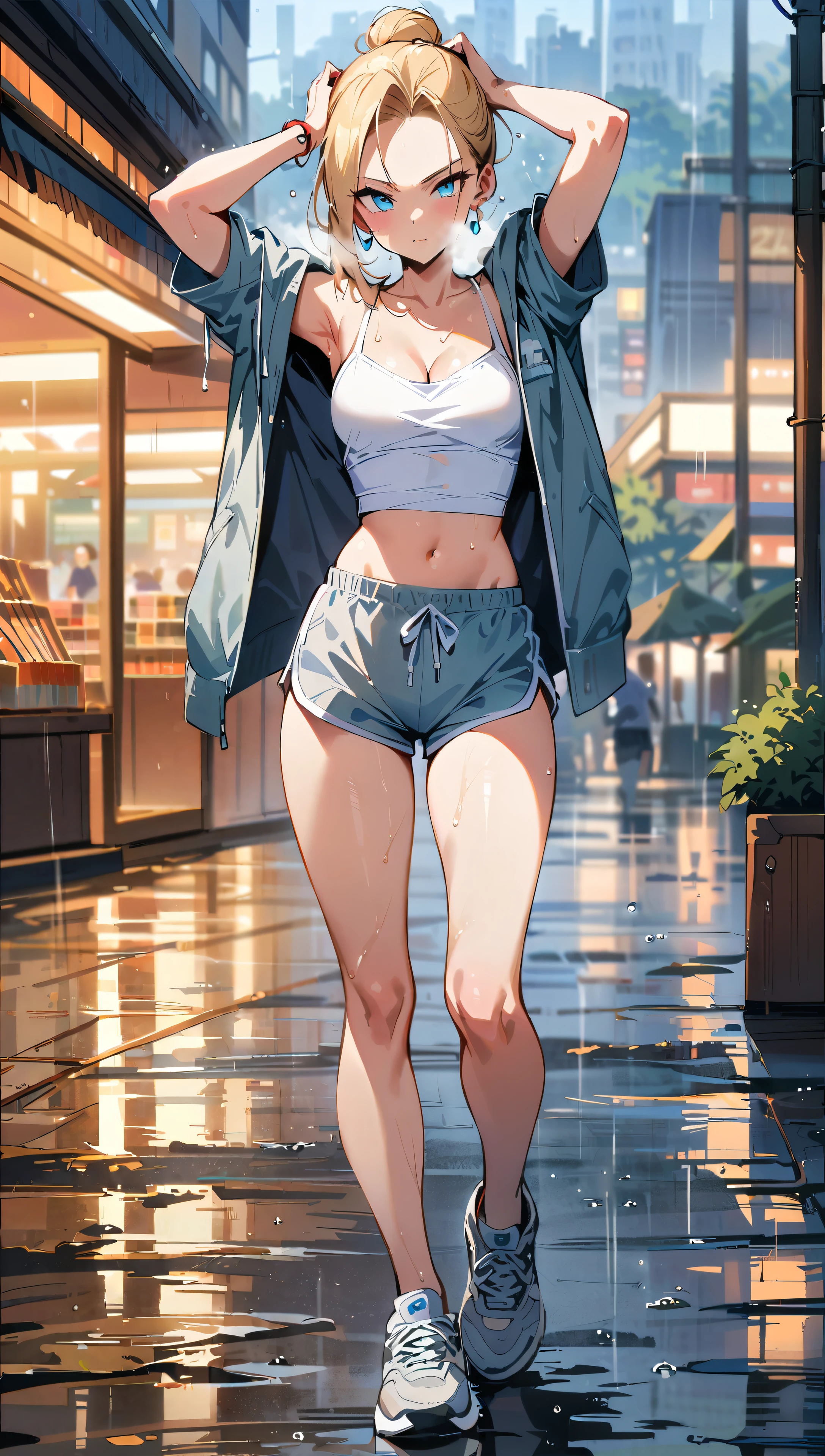 (masterpiece, best quality:1.2), full body, solo, Android 18 from Dragon Ball, ((white slip-on crop top)), ((black dolphin shorts)), (light gray hooded crop jacket), thighs, midriff, small breasts, sweat, blonde hair, (single hair bun), ((blue eyes)), earrings on earlobes, slender feminine figure, narrow waistline, skinny body, long legs, running, rain, wet, sweating, cleavage, off shoulder, magnificent view, blur background, 4K, arms up, light blush, breath, gray new balance sneakers, outdoors, hands on own head, Shopping area