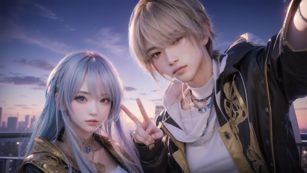 anime characters posing for a picture in front of a city, peace sign, 1girl on the left, 1boy on the right, extremely detailed face, beautiful detailed eyes, beautiful detailed lips, detailed clothing, cityscape background, urban environment, vibrant colors, cinematic lighting, high resolution, photorealistic, intricate details, masterpiece