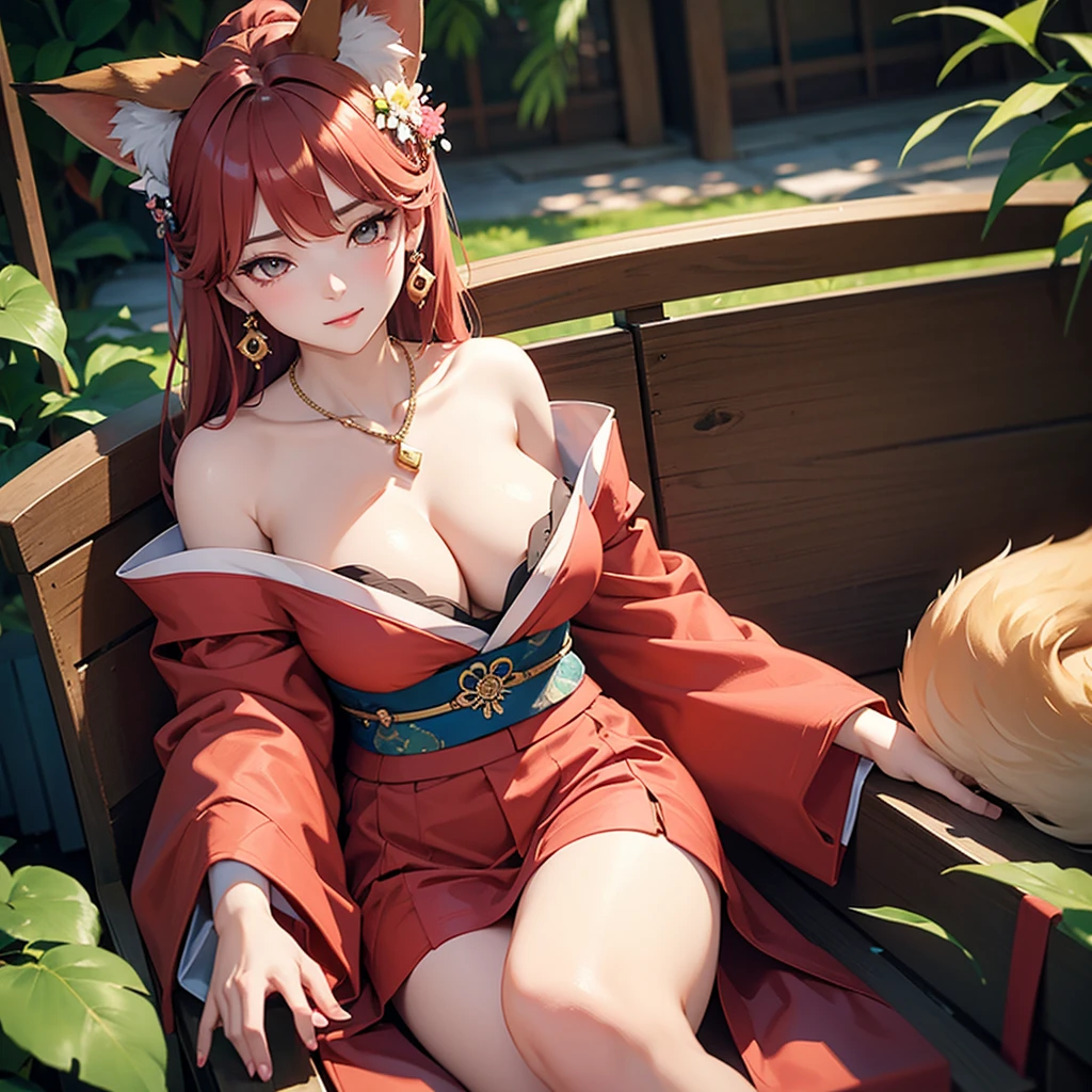 overhead camera angle。A beautiful woman with big breasts and fox ears relaxes in a reclining chair, stretching her legs and gazing into the distance。Random colored kimono with off-the-shoulder sleeves and skirt。hair ornaments、Earrings、necklace。