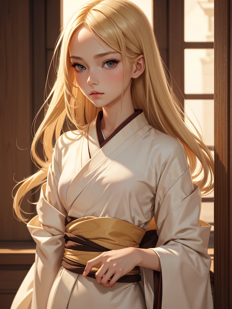 (best quality), 1girl, female, porcelain skin, blonde hair, straight hair, medium hair, swoopy tips, Flipped-up ends, brown eyes, perfect eyes, slender, kimono, small bust, shy, masterpiece, anatomically correct, highres
