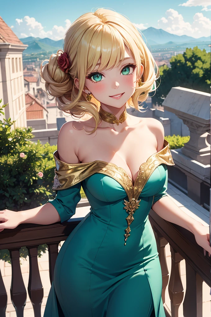 1girl, elaborate blonde updo hairstyle with bangs, almond shaped green eyes, wearing an off shoulder teal regency inspired dress with simple gold and flowers, flower accessories, slight makeup, rose lipgloss, smiling softly, absurdres, high res, ultrasharp, 8k, masterpiece, standing on a terrace, infront of a beautiful landscape, vibrant sky in the background