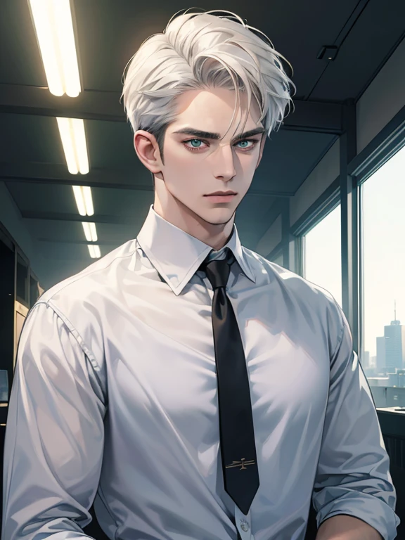 (best quality, masterpiece, 8K, photorealistic, cinematic lighting, hdr image, ultra detailed, beautiful image), 1 man, 31 years old, mature man, very handsome, (without expression, serious), short white hair, green eyes ( penetrating gaze), imposing posture, businessman, office background