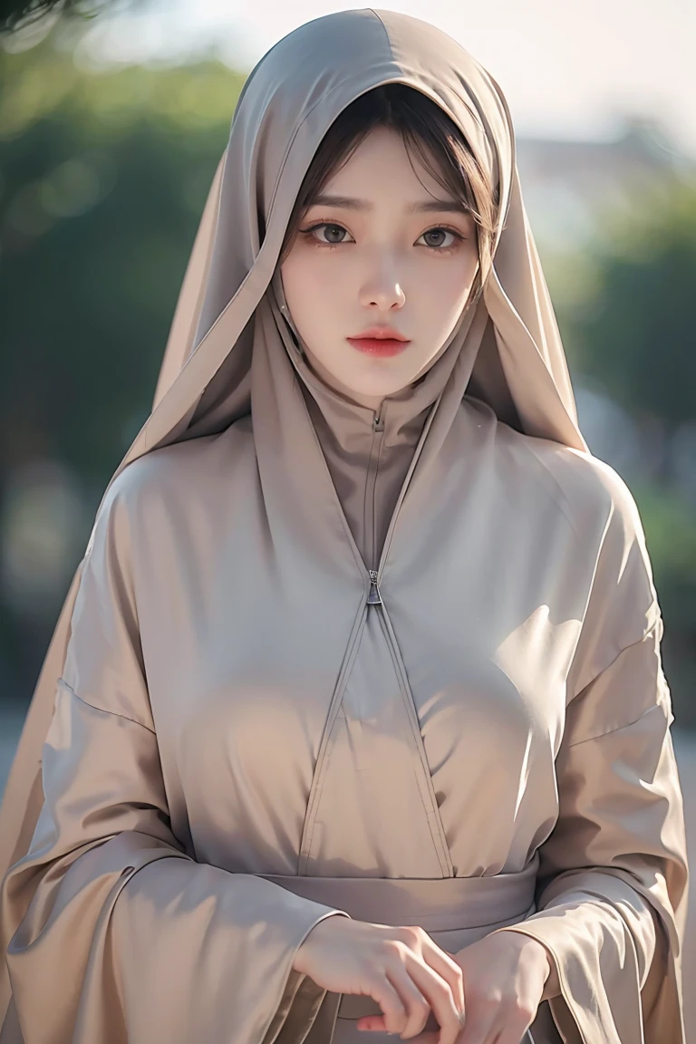 8k, masterpiece, RAW photo, best quality, photorealistic, extremely detailed CG unity 8k wallpaper, Depth of field, Cinematic Light, Lens Flare, Ray tracing, (extremely beautiful face, beautiful lips, beautiful eyes), intricate detail face, ((ultra detailed skin)), best quality, Masterpieces, Super high resolution, (photograph realistic:1.5), Original image, luxury long dress, 1girl muslim, satin abaya, satin, hijab face portrait, neutral background, 8k uhd, dslr, soft lighting, high quality, film grain, Fujifilm XT3, covered dress, decent dress, cheerful facial expression.