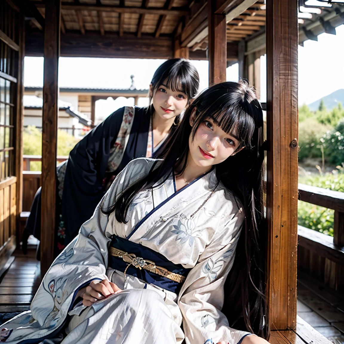 Hanfu，Grey Stockings，grey socks，grey pantyhose，in a temple，Pull up the skirt，bamboo forrest，Leaking out of the chest，high-heels，delicated，Excellent 8K，weeping