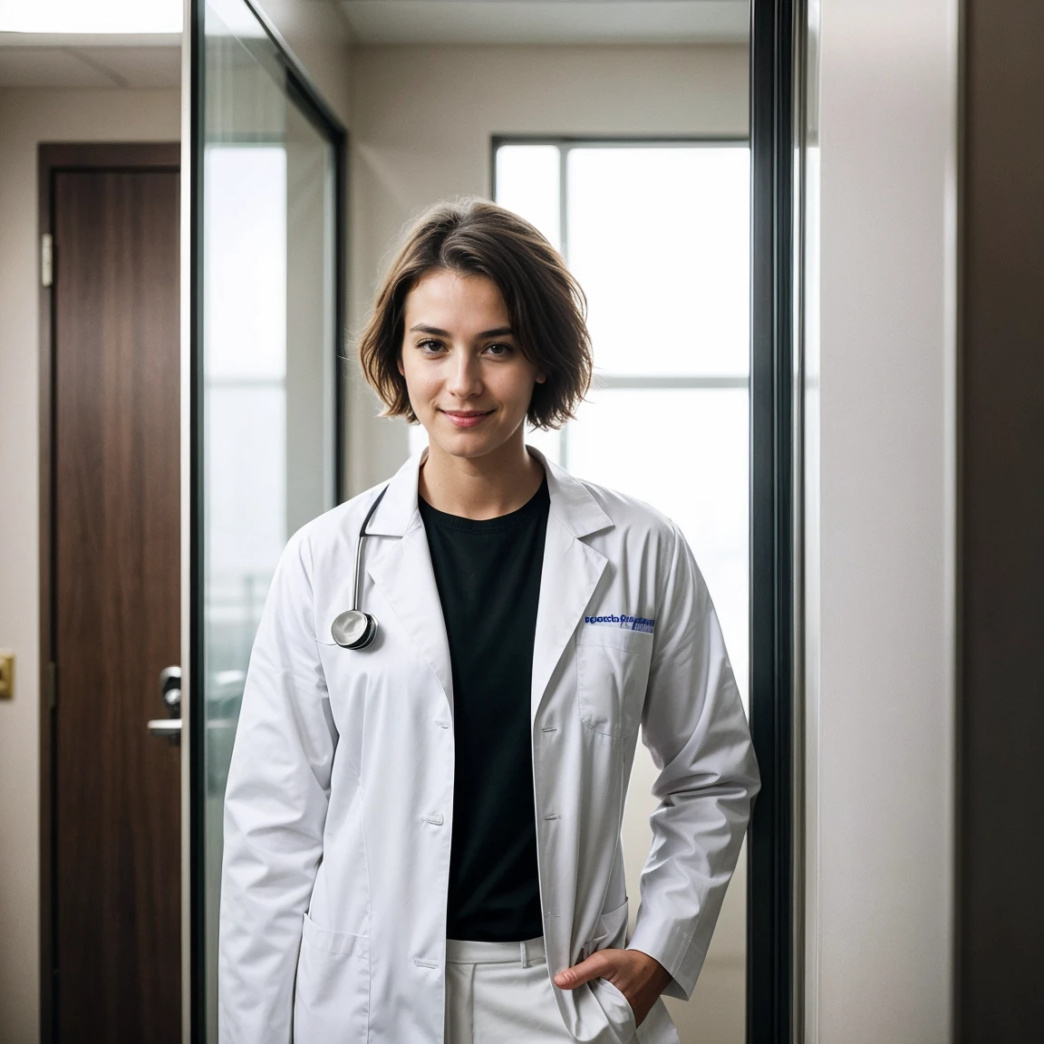 Create an image of a tall and confident veterinarian with a happy face, standing in a rich and luxurious clinic with money visible in the background. The vet should have one hand in their pocket, exuding a relaxed and casual demeanor. The image should be captured in a cinematic style, with dramatic lighting and a shallow depth of field to create a sense of depth and dimension