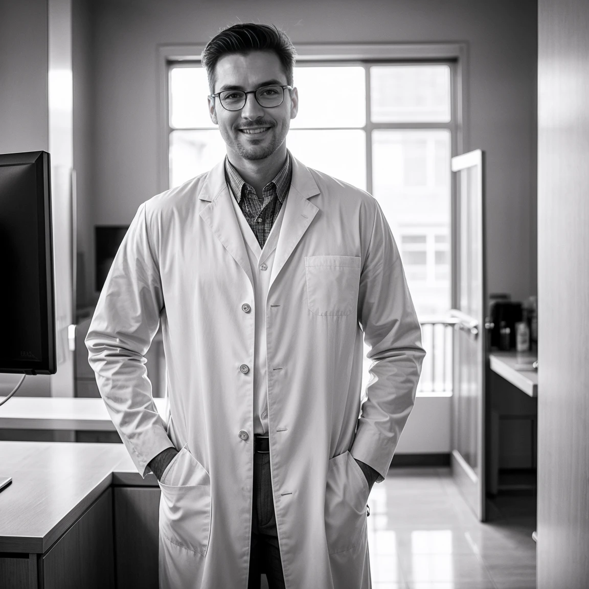 Create an image of a tall and confident veterinarian with a happy face, standing in a rich and luxurious clinic with money visible in the background. The vet should have one hand in their pocket, exuding a relaxed and casual demeanor. The image should be captured in a cinematic style, with dramatic lighting and a shallow depth of field to create a sense of depth and dimension