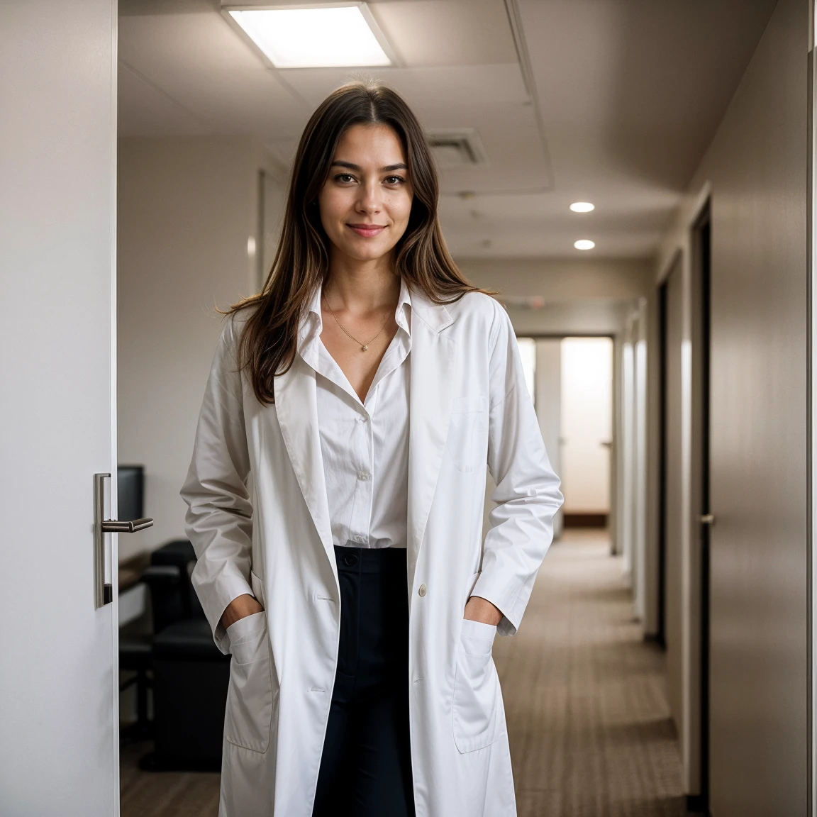 Create an image of a tall and confident veterinarian with a happy face, standing in a rich and luxurious clinic with money visible in the background. The vet should have one hand in their pocket, exuding a relaxed and casual demeanor. The image should be captured in a cinematic style, with dramatic lighting and a shallow depth of field to create a sense of depth and dimension