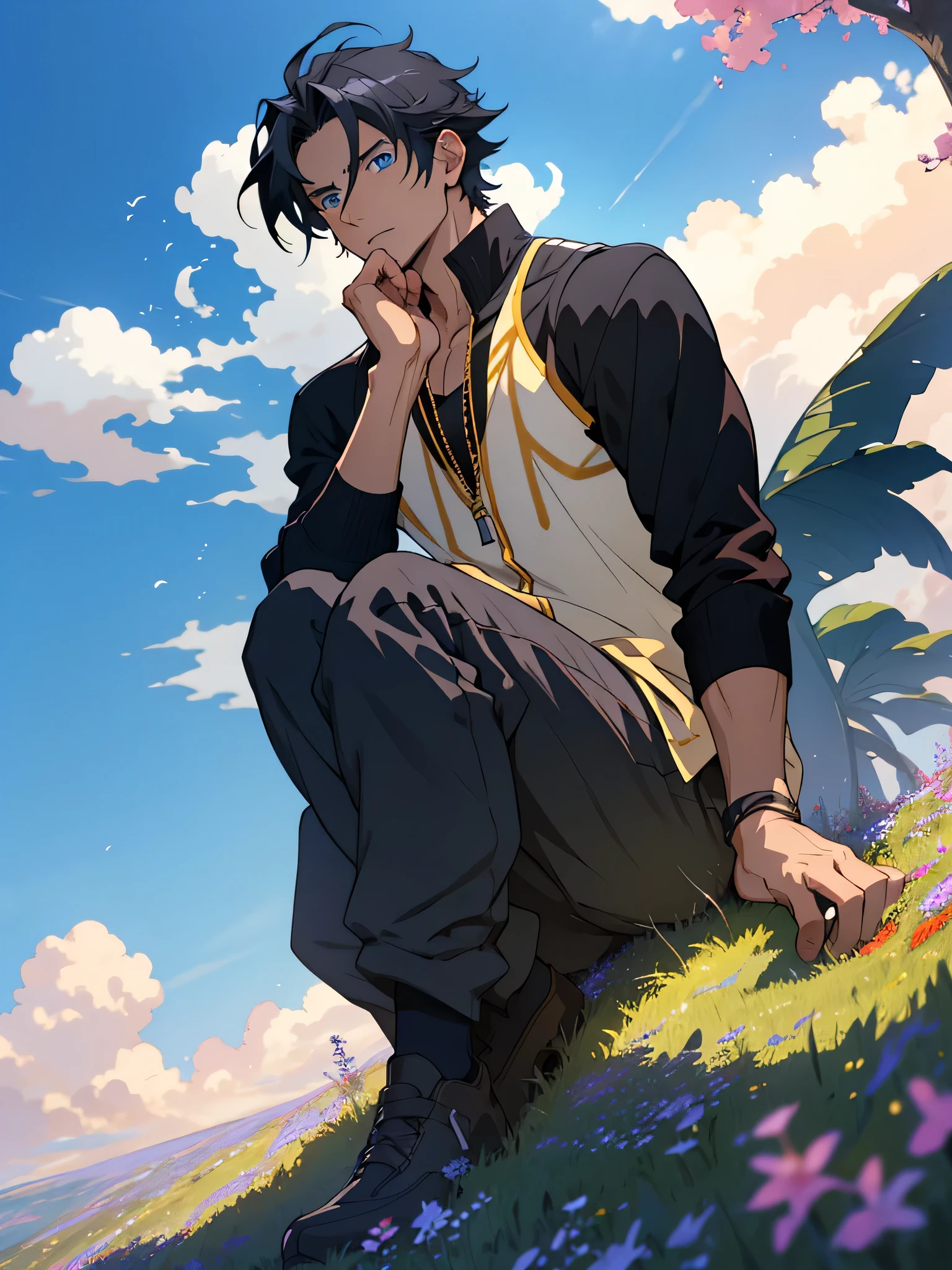 anime man, anime style, Man silhouetted against a radiant sky, perched atop a lush hill beside a sprawling oak, surrounded by a vibrant field of wildflowers, under a heavenscape adorned with ethereal clouds, chiaroscuro lighting, golden hour glow, ultra-detailed, hyper detailed face and clothes, blue eyes, black hair, 4k