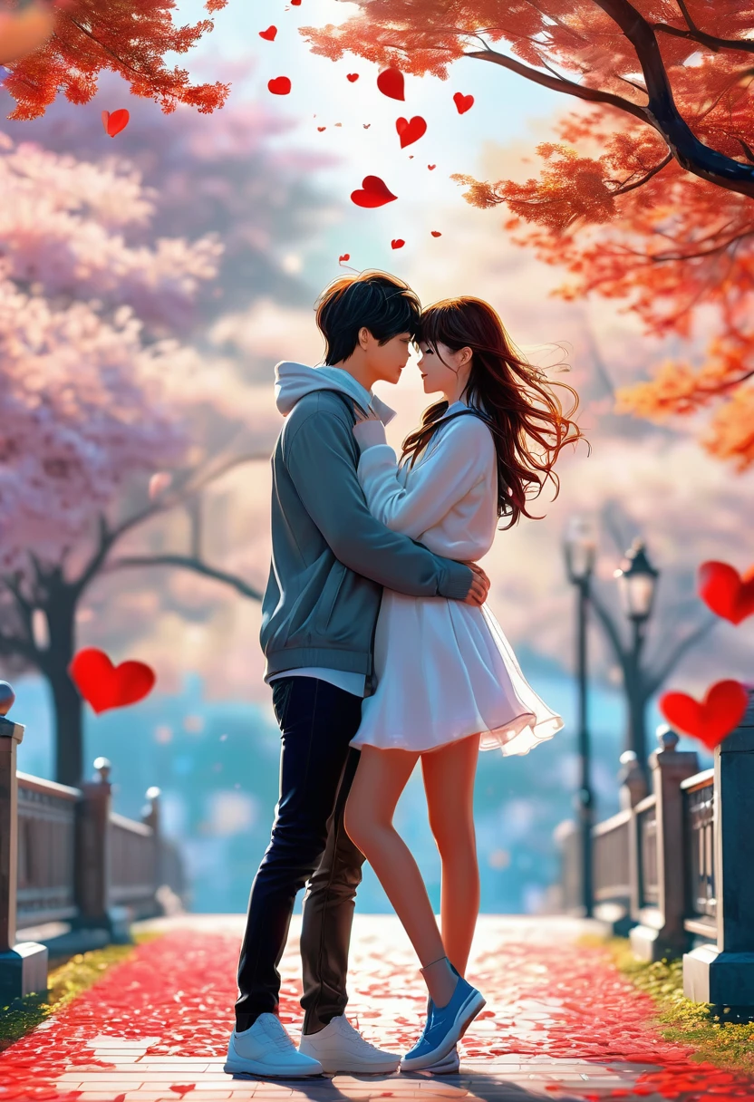 a couple romantic, Best quality, Ultra-high resolution, Realistic,  full-body portrait,Very detailed background, Clear focus,  8K  UHD, High quality, falling in love.manhwa look