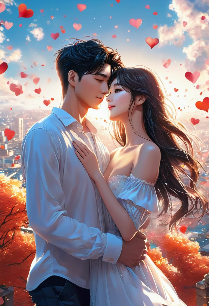 a couple romantic, Best quality, Ultra-high resolution, Realistic, full-body portrait,Very detailed background, Clear focus, 8K UHD, High quality, falling in love.manhwa look