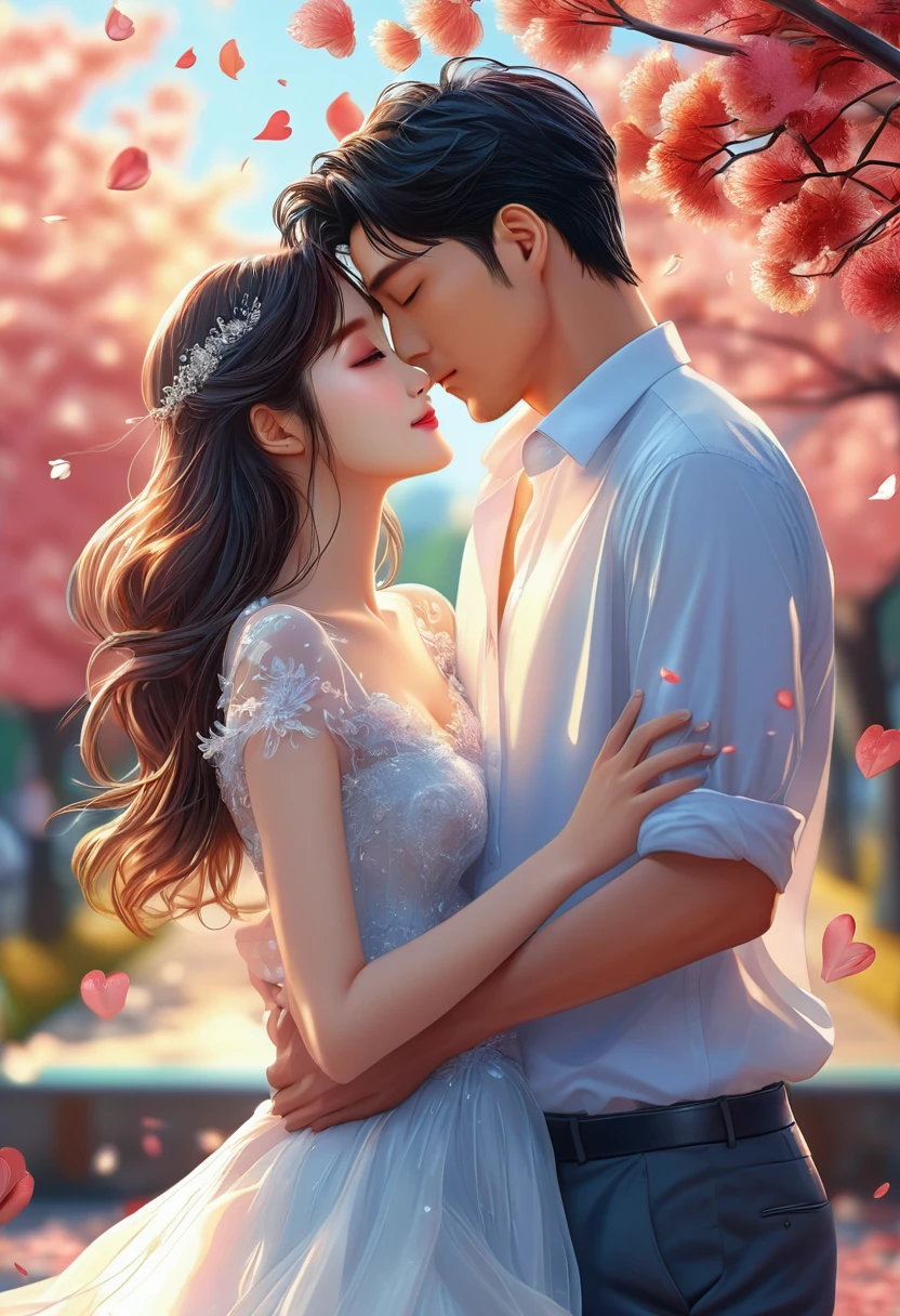 a couple romantic, Best quality, Ultra-high resolution, Realistic,  full-body portrait,Very detailed background, Clear focus,  8K  UHD, High quality, falling in love.manhwa look