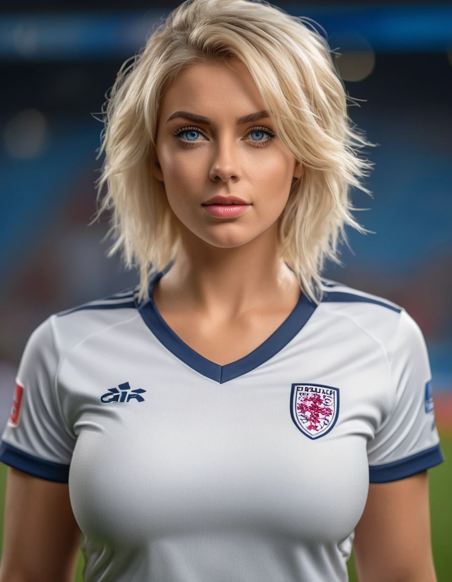 beautiful blonde woman wearing a tight England football shirt and lace gstring panties, full body picture, intricate detailed face, perfect body, athletic body, beautiful detailed eyes, beautiful detailed lips, long eyelashes, muscular athletic figure, dynamic action pose, (best quality,4k,8k,highres,masterpiece:1.2),ultra-detailed,(realistic,photorealistic,photo-realistic:1.37),HDR,UHD,studio lighting,ultra-fine painting,sharp focus,physically-based rendering,extreme detail description,professional,vivid colors,bokeh,sports,football,portrait, (messy bob hairstyle, white blond hair color), messy hairstyle, messy bob, messy hairstyle, white blond, 5 foot 3 inches tall, 110 pounds in weight, 34G breasts, large firm round breasts, very large breasts, cleavage, photorealistic, 4K, 8K, UHD, long shot,