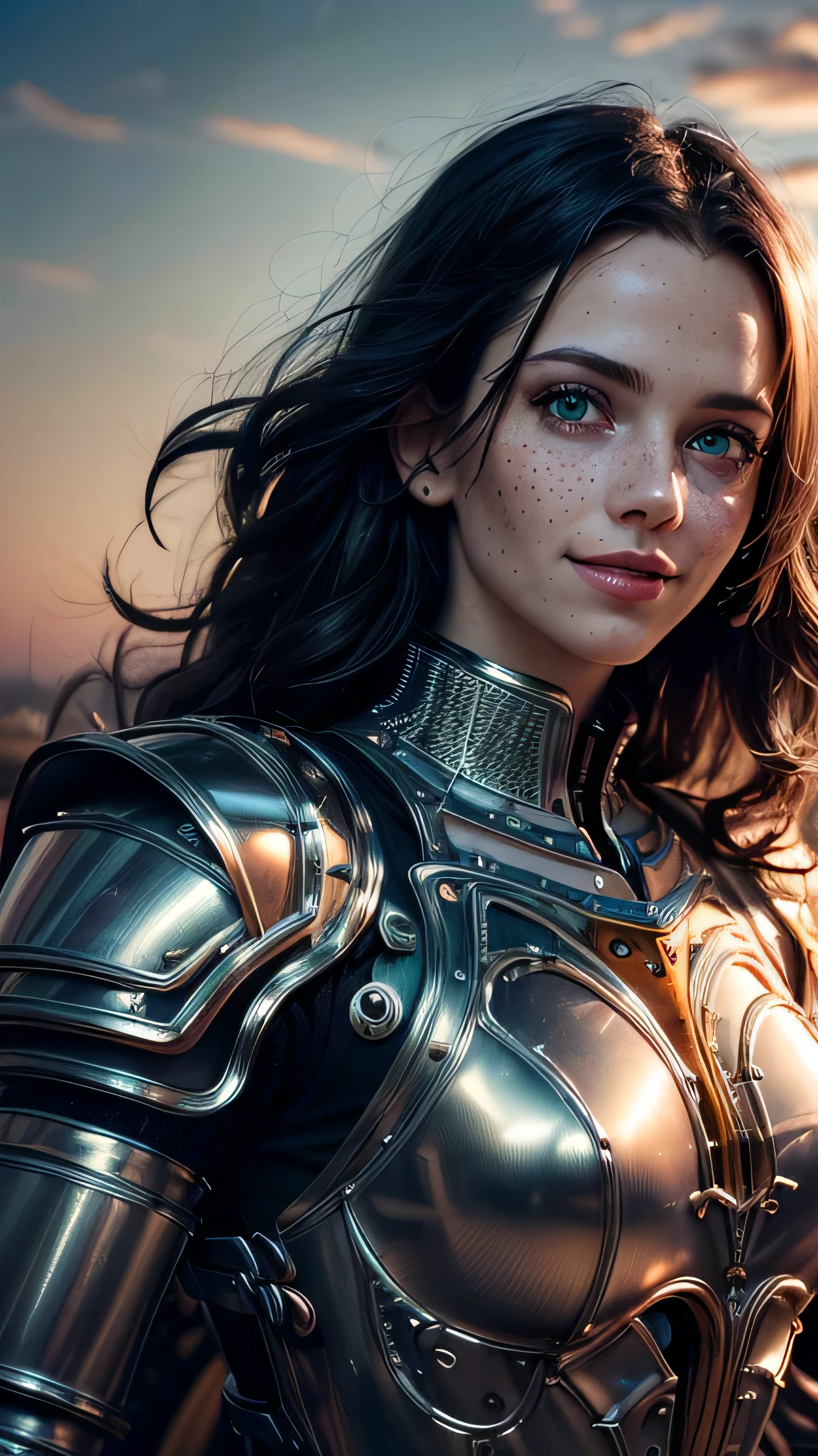 (masterpiece, photorealistic:1.4, extremely intricate:1.3), (photon mapping, radiosity, physically based rendering, ultra resolution, hyper-realistic, photorealistic:1.4, hyper-realistic, 8K), portrait of a muscular girl, ((Sumptuous armor from the late Renaissance, black chrome perfectchainmail armor:0.8, ((mechanical arms, cybernetic, clockwork)), clear green eyes, humid, humid, smiling, [skin detail:freckles:0.6])), metal reflections, upper body, portrait, outdoors, intense sunlight, far away castle, professional photograph, (short curly black hair, blowing, dynamic pose), sharp focus, dramatic, award winning, cinematic lighting, (film grain, bokeh, interaction, sunrise)
