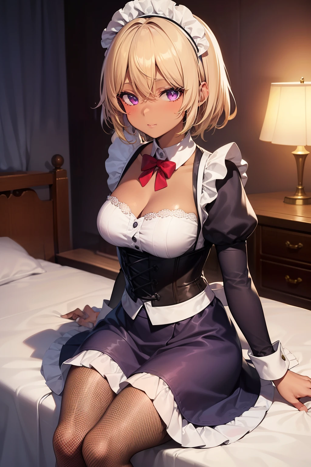 (Tabletop, Highest quality, Super detailed), One Girl, Purple eyes, Blonde Hair, Dark Skin, Short Hair、Perm Hair、((Fishnet tights))、(Bedroom)、((Maid clothes))、Long skirt、corset、sit