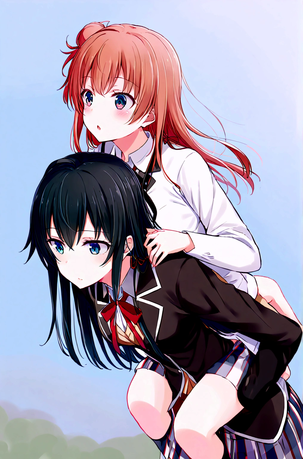 2 grils   Yuigahama Yui giving yukino yukinoshita piggyback ride, Yukinoshita Yukino in the bottom blue eyes black long hair piggyback ride, size difference, yukino Yukinoshita, 