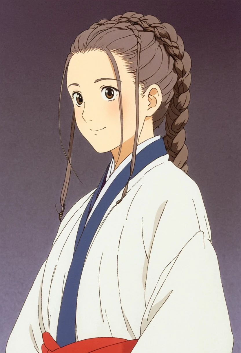 A Ghibli's studio character. Who is androgynous, who have their hair tied in a big braid. He wears traditional clothing