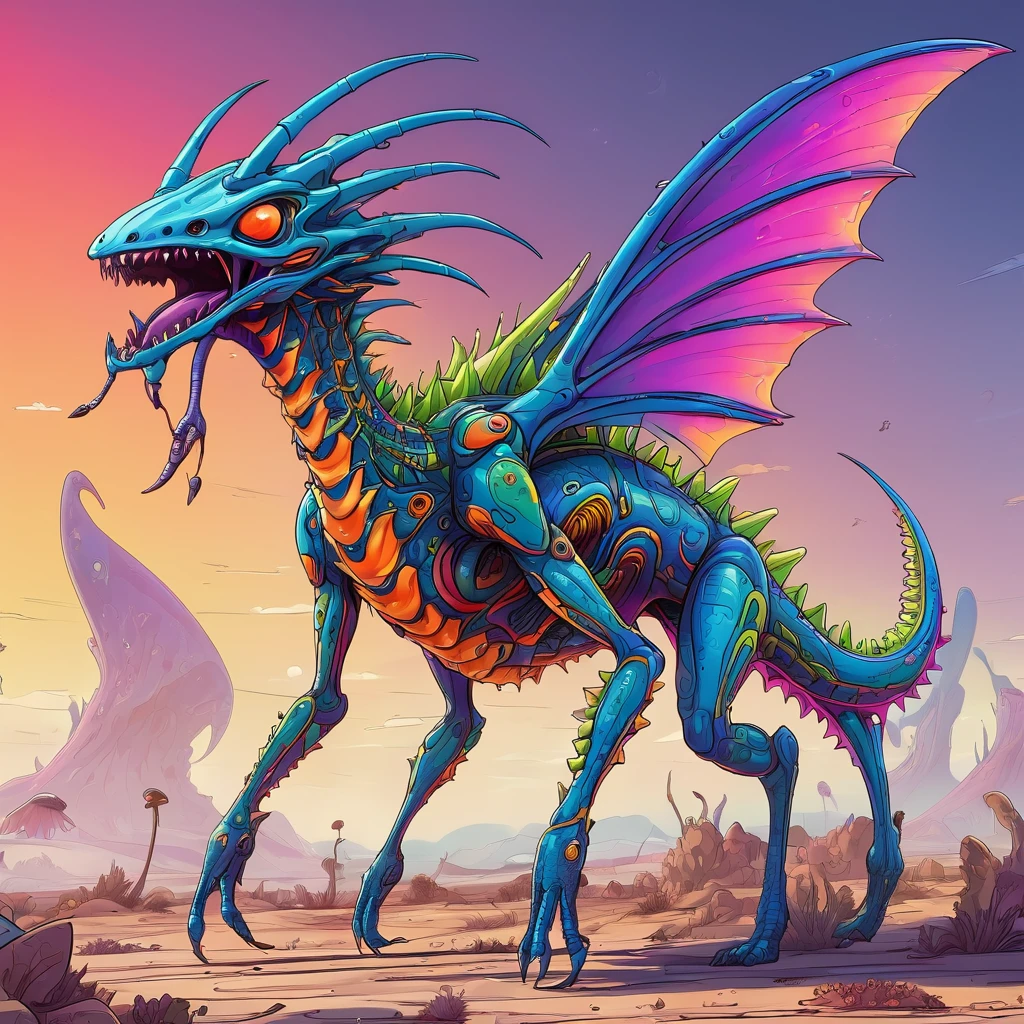 a small bizarre and strange looking brightly coloured alien. Showing the entire, highly detailed body from the side. The entire picture is full of details.  Strange alien landscapes in the background. Big detailed wings and sharp teeth and fangs. a sharp abdominal stinger. tentacles and antennas and multiple eyes. long spiky legs. Scaley segmented body.  Hypnotic and telepathic and psychedelic looking. 