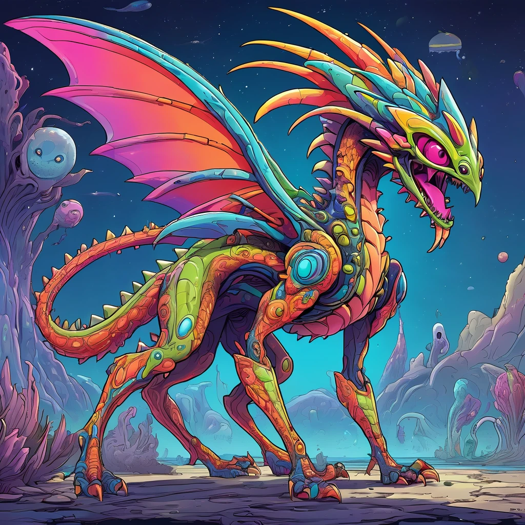 a small bizarre and strange looking brightly coloured alien. Showing the entire, highly detailed body from the side. The entire picture is full of details.  Strange alien landscapes in the background. Big detailed wings and sharp teeth and fangs. a sharp abdominal stinger. tentacles and antennas and multiple eyes. long spiky legs. Scaley segmented body.  Hypnotic and telepathic and psychedelic looking. 