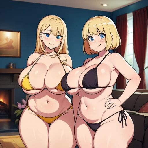 masterpiece, high quality, best quality, beautiful, perfect lighting, detailed face, ultra cute face, ((2girls)), brown and blonde hair, Blush, seductive smile, cowboy shot, looking at viewer, tight bikini, red side tie bikini, extremely thick thighs, extremely Enormous Breasts, wide hips, overly large breasts, thick, living room, standing next to each other,