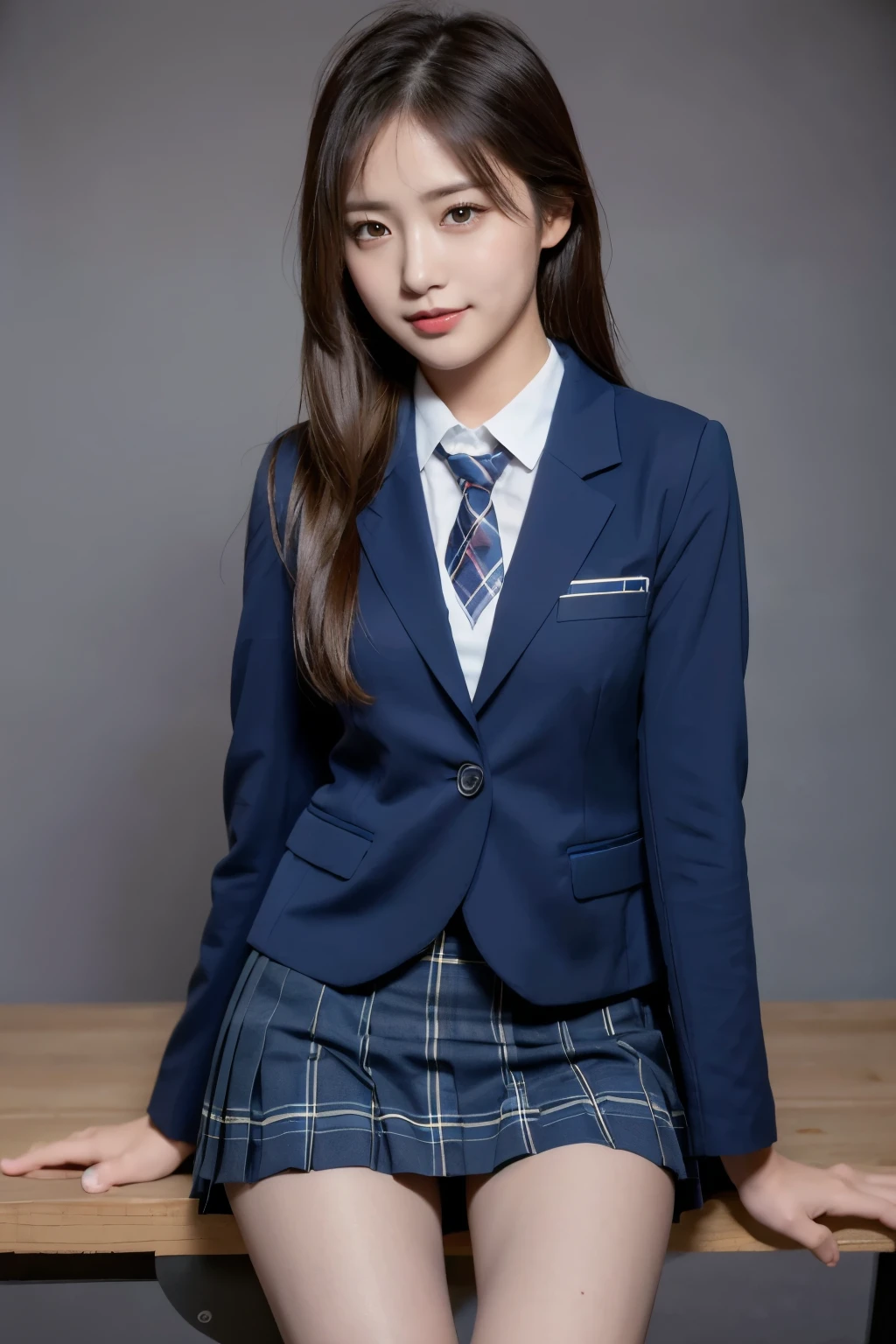 (8k), (highest quality: 1.2), (Realistic), (Realistic: 1.37), Ultra-high resolution, (1 girl), cute, blush,Embarrassed smile, Beautiful details, Beautiful Nose, straight Hair, Giant Dulcefo, pork, Thighs,Self Snap,University Uniforms,(A simple dark blue blazer:1.4),(Pleated skirt:1.2),(The skirt and tie are black tartan check pattern.:1.3),(Sitting:1), Sit on the bench,(Hold my feet:1),(Shiny 太い legs:1.2),from the front,knees