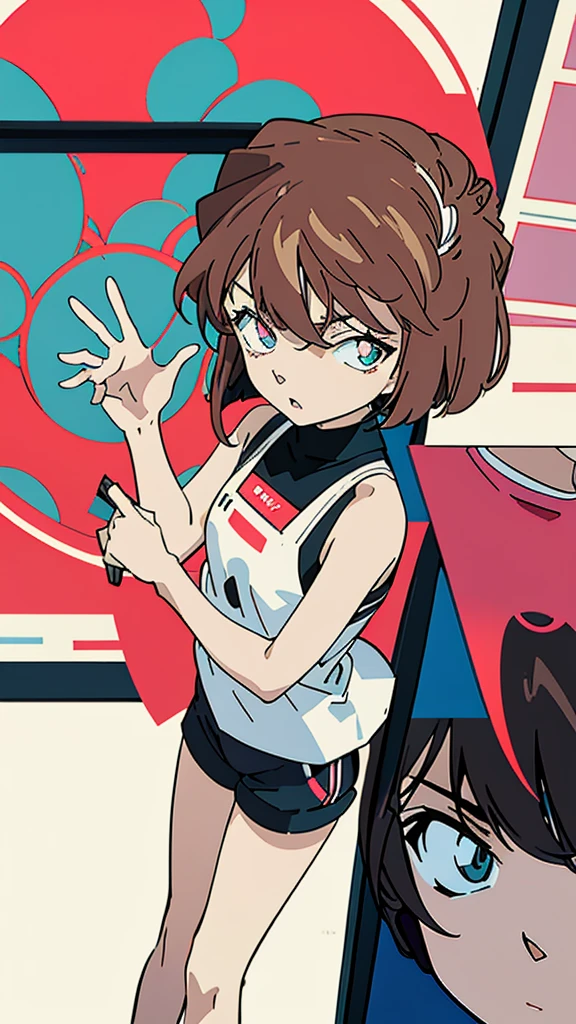 anime style, (1girl in, Solo:1.0), (Haibara Ai), ((Short pants)), (((Big eyes))), (Cute anime girl head), (flat chest),looking at viewer,With a height of 100cm, shoot from front, (head shot), Simple line minimalism, Abstract Art, City background