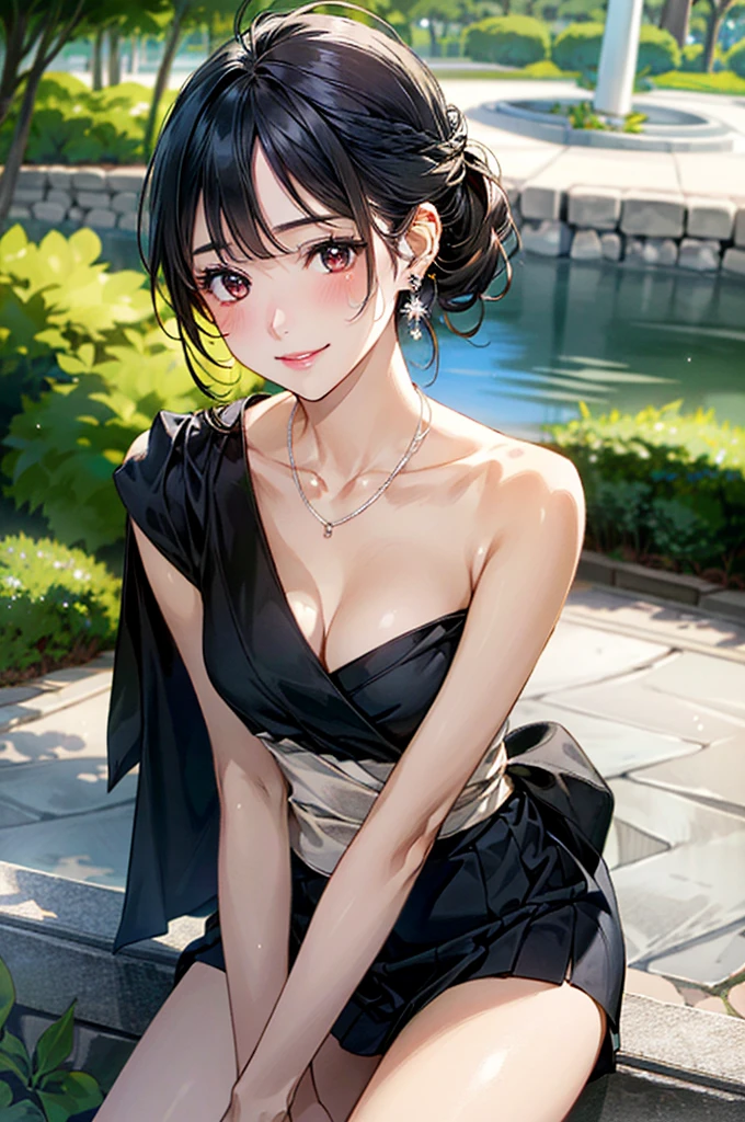 (masterpiece:1.3, Highest quality, Ultra-high resolution, Very detailed), (Realistic, photoRealistic:1.4), Beautiful illustrations, Perfect lighting, colorful, Written boundary depth, 
Beautiful detailsまでこだわった髪,  Beautifully detailed face, Beautiful details, Beautiful clavicle, Beautiful body, 美しいLarge Breasts, Beautiful thighs, Beautiful legs, Beautiful fingers, 
Show Viewer、Front view:0.6, beauty1人, Japanese, beauty、30 years old, Perfect Face, (Perfect Anatomy, Anatomically correct), Cute and symmetrical face, Baby Face, , Shiny skin, 
((Draped cut and sew:1.4)),(((Wraparound skirt 1.5)))
(Black Hair, Updo Hair:1.4), braided bangs、 Dark brown eyes, (Large Breasts), The body is slim, 
necklace, (Small earrings:1.1), 
(Beautiful views), (noon), (garden、squirt), Sit on a bench,Bento box、 優しいsmile、(smile, Lips parted), 