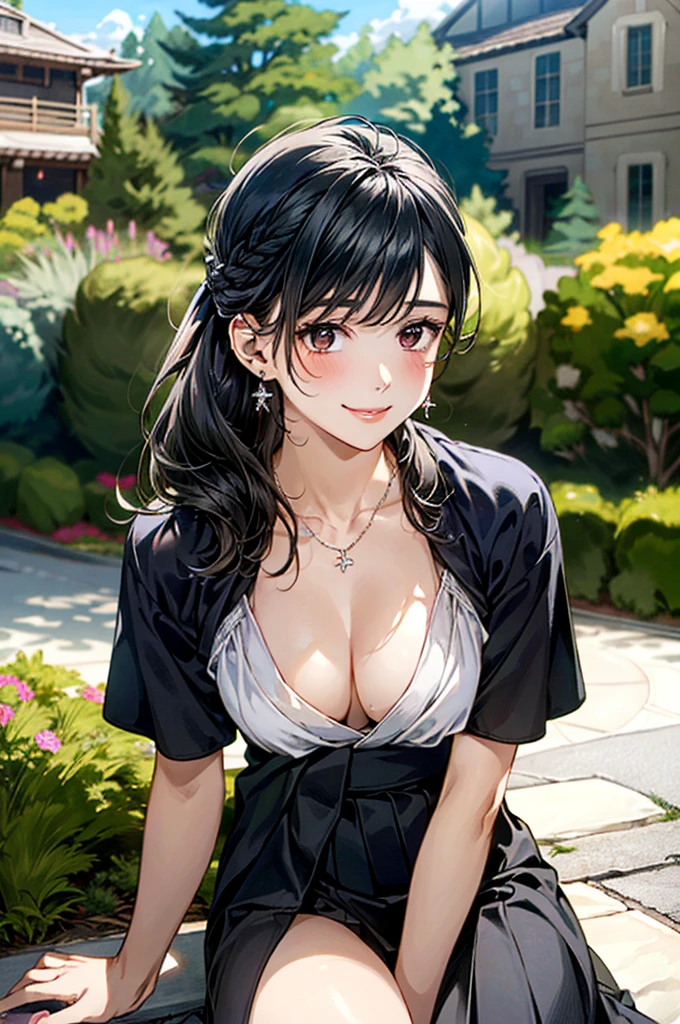 (masterpiece:1.3, Highest quality, Ultra-high resolution, Very detailed), (Realistic, photoRealistic:1.4), Beautiful illustrations, Perfect lighting, colorful, Written boundary depth,
Beautiful detailsまでこだわった髪, Beautifully detailed face, Beautiful details, Beautiful clavicle, Beautiful body, 美しいLarge Breasts, Beautiful thighs, Beautiful legs, Beautiful fingers,
Show Viewer、Front view:0.6, beauty1人, Japanese, beauty、30 years old, Perfect Face, (Perfect Anatomy, Anatomically correct), Cute and symmetrical face, , , Shiny skin,
((Draped cut and sew:1.4)),(((Wraparound skirt 1.5)))
(Black Hair, Updo Hair:1.4), braided bangs、 Dark brown eyes, (Large Breasts), The body is slim,
necklace, (Small earrings:1.1),
(Beautiful views), (noon), (garden、squirt), Sit on a bench,Bento box、 優しいsmile、(smile, Lips parted),