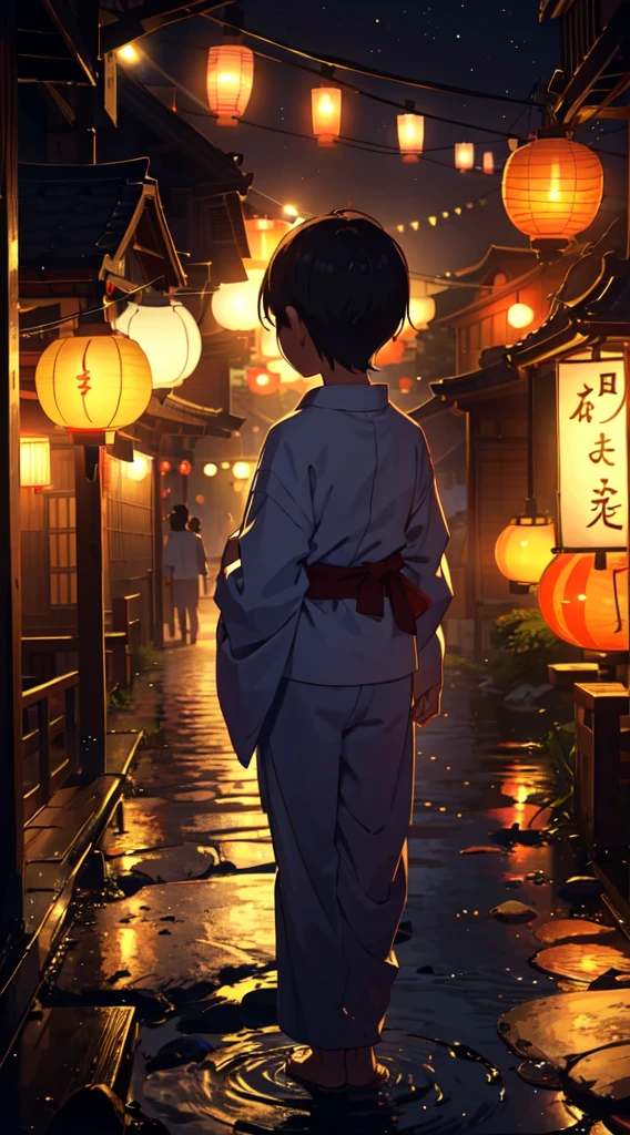 Summer festival, row of lanterns, Japanese, little boy in yukata, dusk，Back view