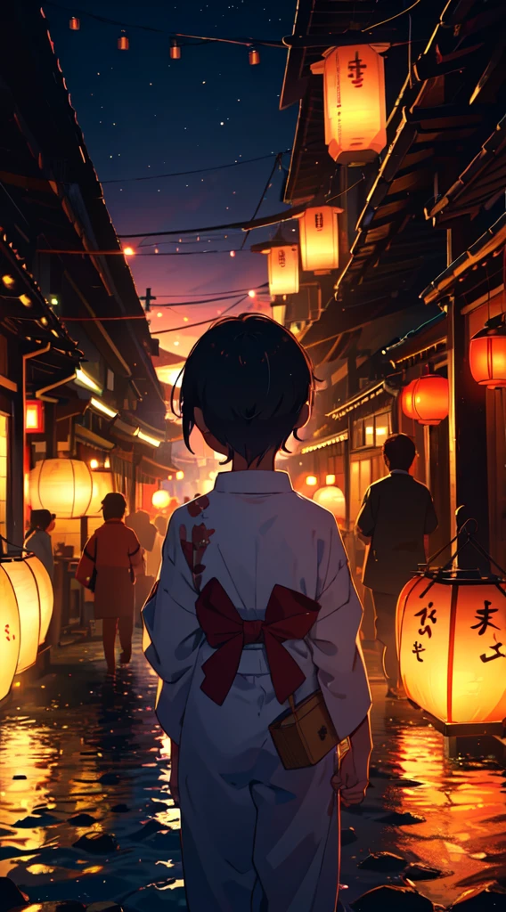 Summer festival, row of lanterns, Japanese, little boy in yukata, dusk,Back view