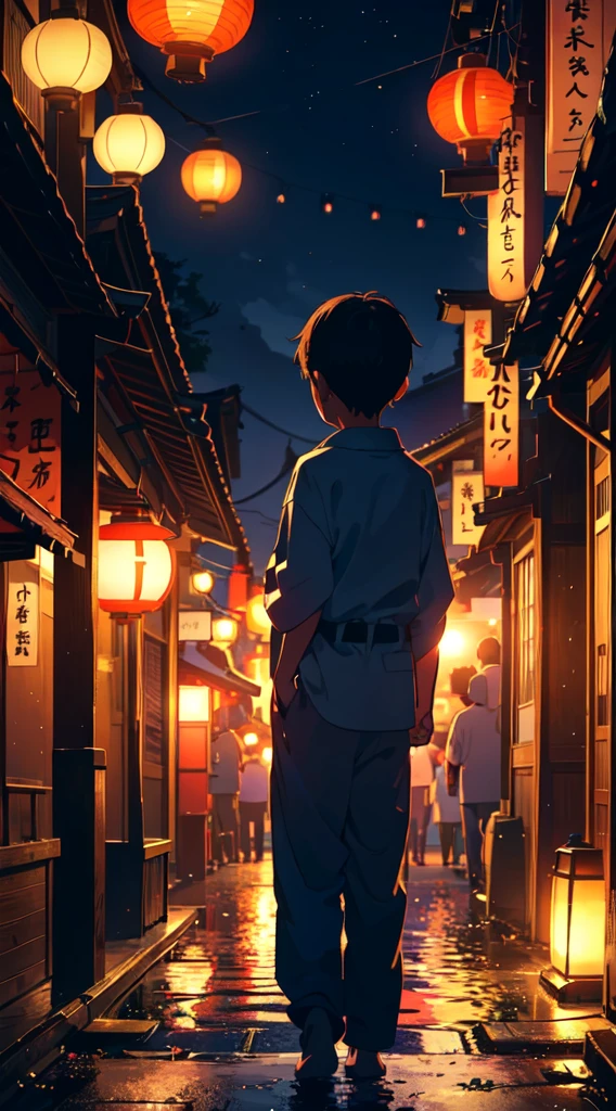Summer festival, row of lanterns, Japanese, in yukata, dusk,Back view