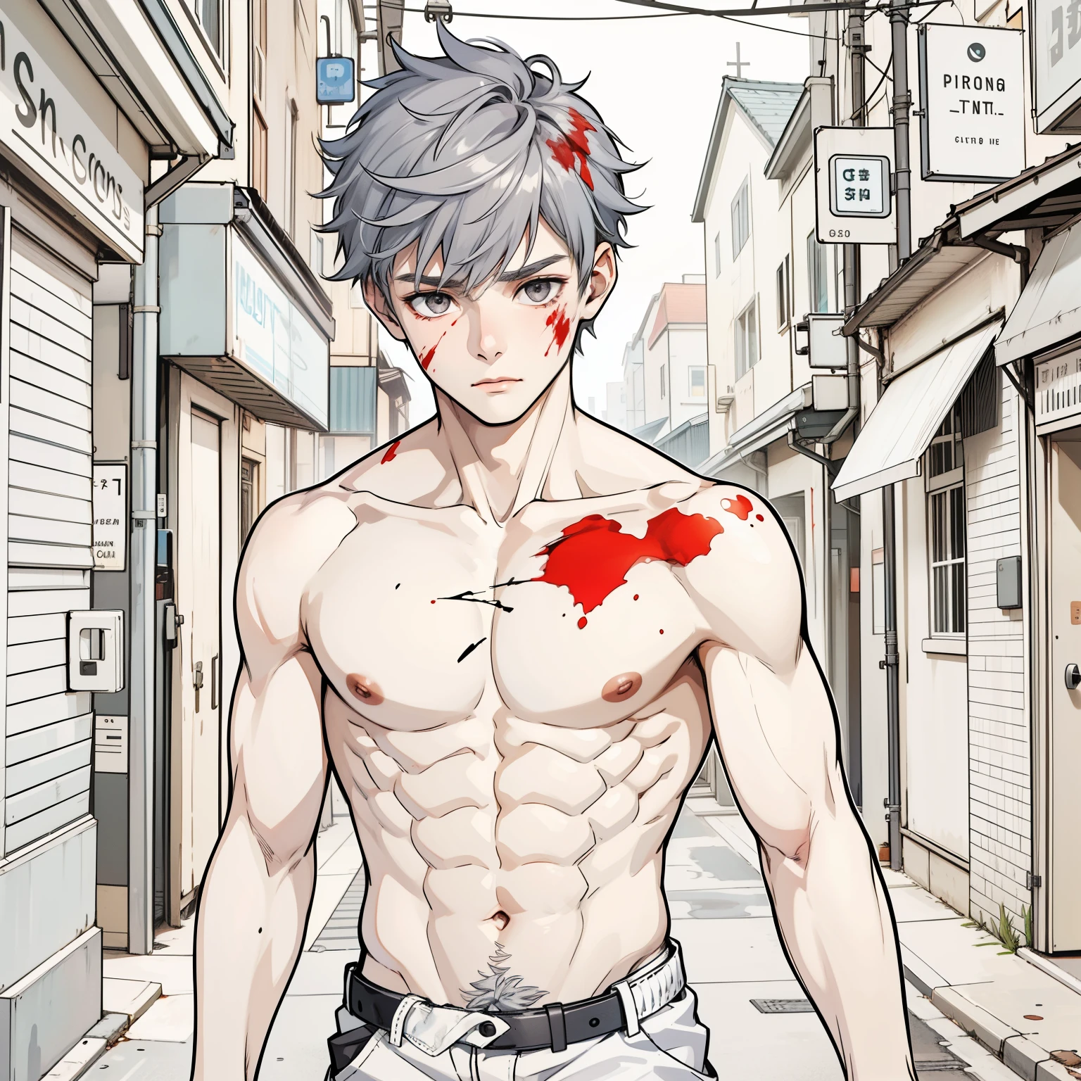 He is thin, cute, 16-year-old boy, gray eyes, gray hair, he is bleeding on his head and on his chest he has been hit. 