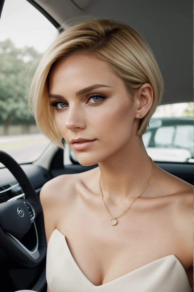 makeup, mascara, simple color palettes, woman 25 years old, blonde hair,  (( 1girl )) stylish, full lips, short hair, Clean, full body shot, looking straight to the camera, passionate look,  Elegant and luxurious materials and designs,  facing the camera, Simple, minimal accessories, Slim necklaces and rings in silver or gold, Simple bangles, Distinctive designs, , simple and sophisticated style, elegance, minimalism, high quality materials, wearing single and short, driving red luxury convertable , , [Victoria Beckham], [[Agenlina Jolie]]