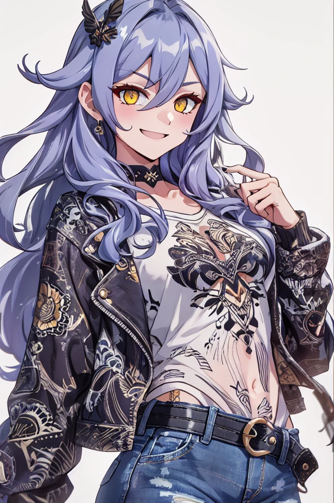 ((masterpiece)), ((ultra-detailed)), ((best quality)), ((intricate details)), (1girl:1.4), portrait, dynamic pose, model, (photoshoot:1.3), wink, gacha sprite, solo, vibrant colours, purple hair, yellow eyes, hair ornament, smiling, smirking, belt, black belt, casual clothes, black open jacket, summer clothes, white background, modern clothes, t-shirt, denim jeans, long hair, cute, happy, hands behind back