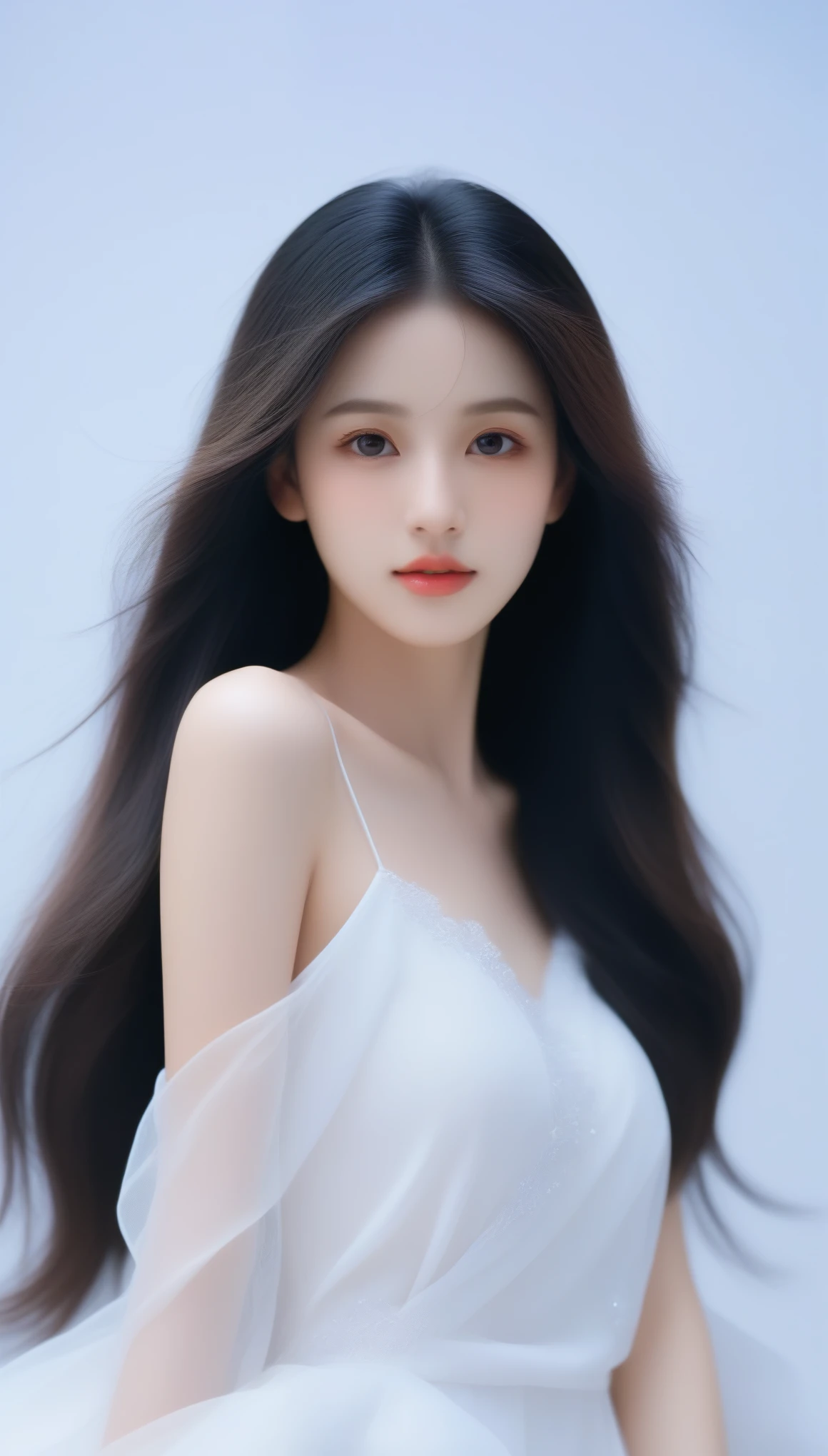 Close-up of a long-haired woman in a white dress, Soft portrait shots 8 k, artwork in the style of Gu Weiss, Gu Weiss, Beautiful face, Practical. cheng yi, Cute and delicate face, Long hair and sharp eyes, beautiful Practical face, Extremely beautiful face, inspired by Yanjun Cheng, Stunning anime face portraits
