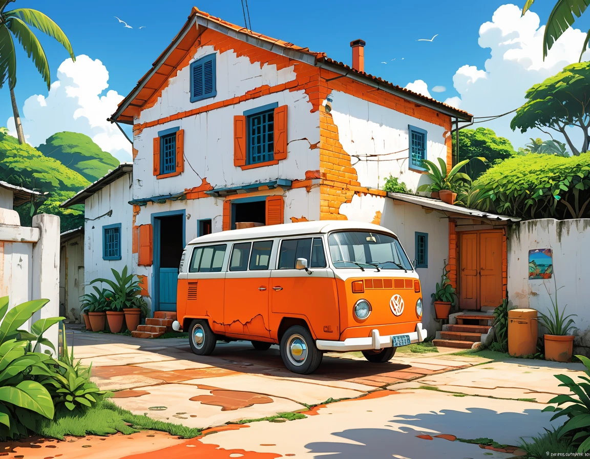 hyperrealistic 3D cartoon style beautiful one-story brazilian brick cabin painted in white, peeling wall paint, cracks and apparent infiltrations, at a coastal town of bahia with an orange vw van parked in front, in studio ghibli art style , niji anime-manga art, vibrant colors, high contrast, high saturation, high resolution artwork, sharp focus, HDR. 32k, --stylize 1000