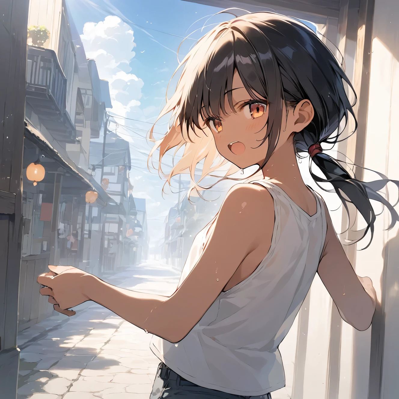 score_9, score_8_up, score_7_up, source_anime, best quality, masterpiece, official art, absurdres, highres, ultra-detailed,waifu2x,Collection: Slice of Life,break,1girl, tomboy, dark-skinned female, short hair, low ponytail, flat chest,  beautiful detailed eyes, short shorts, sweat, open mouth, (yawn:0.3), sleepily, outdoors, wind, break,(clear line illustration:1.2),very high resolution, very aesthetic, super detailed skin, Best sexual lighting powered by famous artist, 8k,cute picture,beauty illustration,photoshop_(medium),,(Detailed Lighting),best anime 8k konachan wallpaper, pixiv contest winner, 