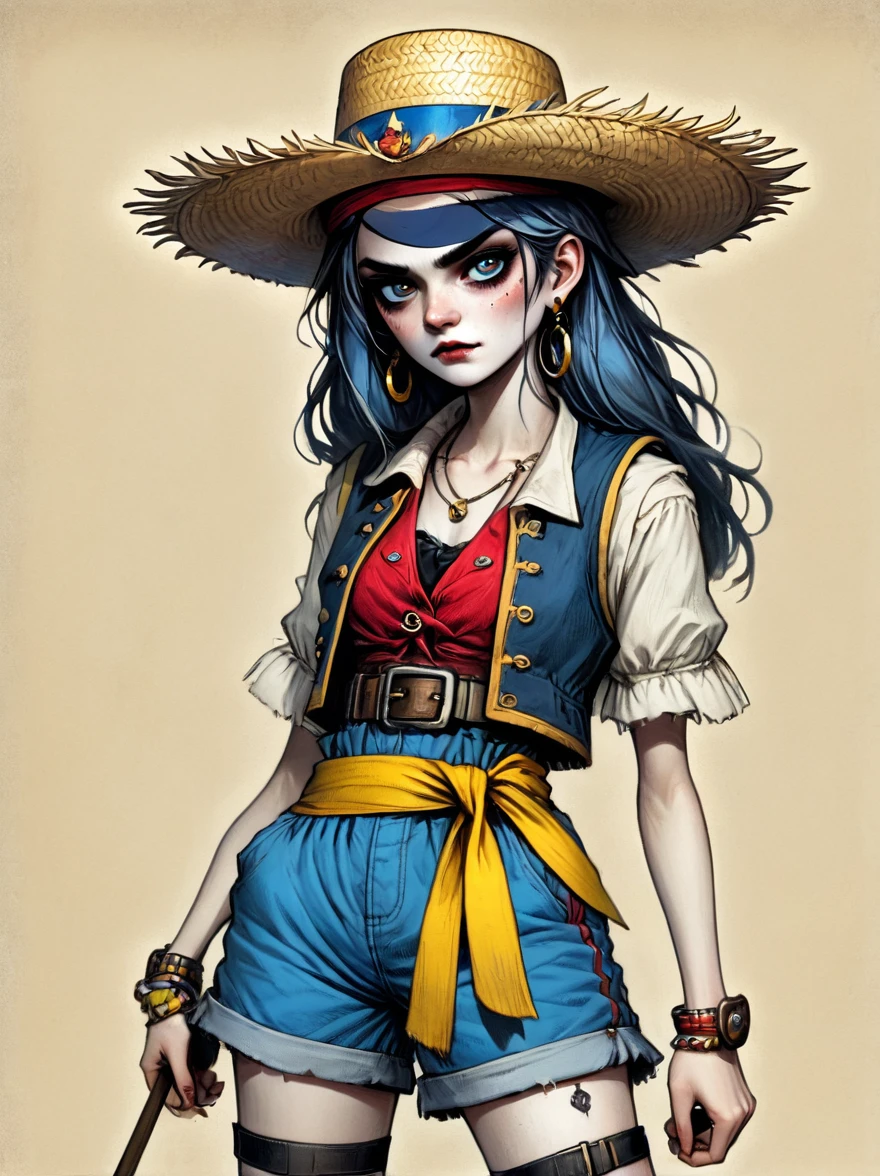 (whole body:1.3), 1 female captain, Wearing a straw hat, Dark Circle Patch, Rich expression, gloomy, Gothic, illustration, Red vest, Blue shorts, Yellow belt, Black sandals, Strange, exaggerated, Dark theme elements, Pencil Sketch