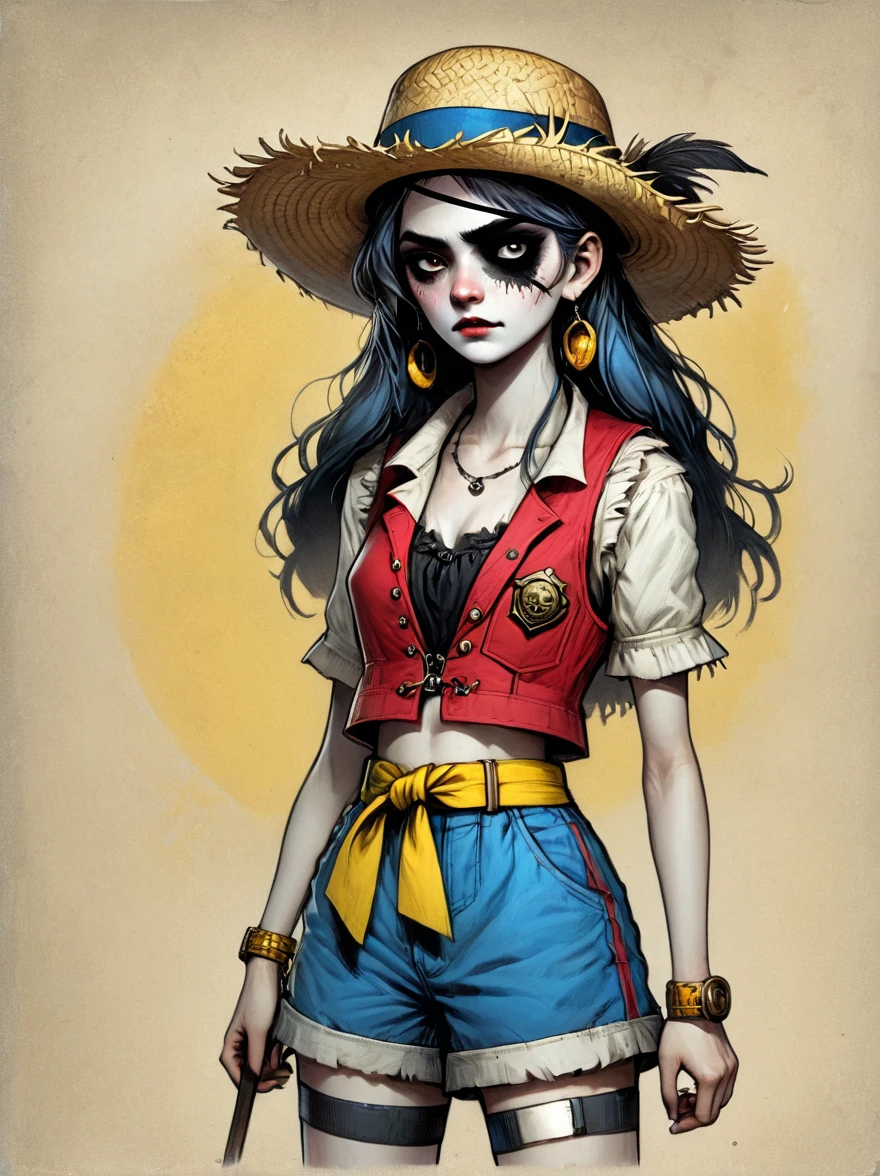 (whole body:1.3), 1 female captain, Wearing a straw hat, Dark Circle Patch, Rich expression, gloomy, Gothic, illustration, Red vest, Blue shorts, Yellow belt, Black sandals, Strange, exaggerated, Dark theme elements, Pencil Sketch