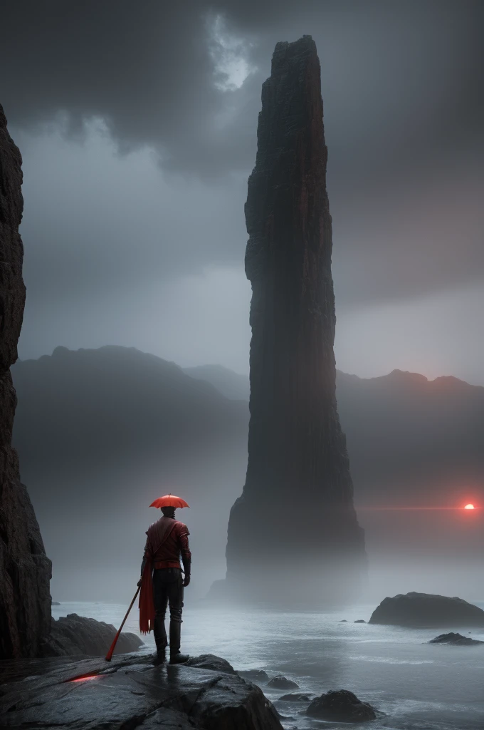A man standing on a rocky cliff, holding a red umbrella, dark fantasy sci-fi art style, photorealistic, dramatic lighting, cinematic composition, inspired by Beeple and James Jean, digital art, Giger-esque, still frame from a game cinematic, Takeshi Yamamoto, 4k, best quality