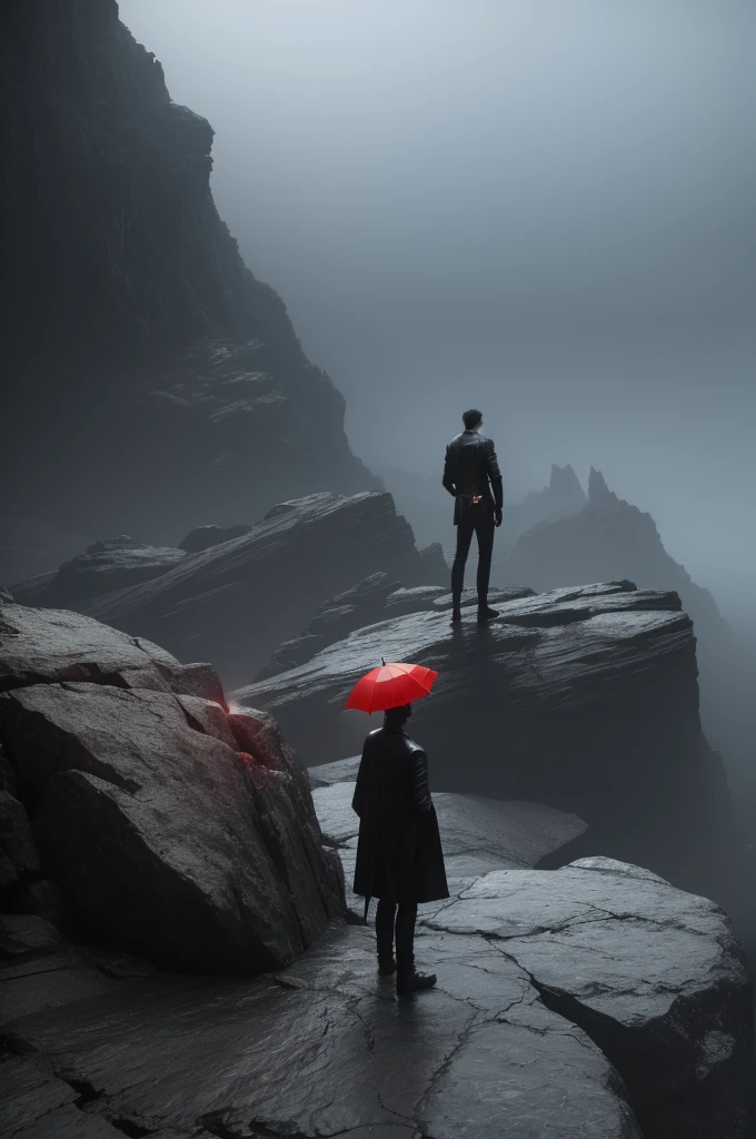 A man standing on a rocky cliff, holding a red umbrella, dark fantasy sci-fi art style, photorealistic, dramatic lighting, cinematic composition, inspired by Beeple and James Jean, digital art, Giger-esque, still frame from a game cinematic, Takeshi Yamamoto, 4k, best quality