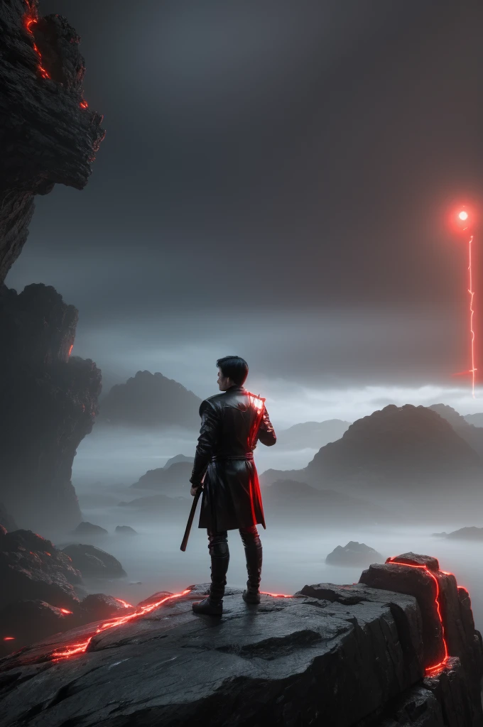 A man standing on a rocky cliff, holding a red umbrella, dark fantasy sci-fi art style, photorealistic, dramatic lighting, cinematic composition, inspired by Beeple and James Jean, digital art, Giger-esque, still frame from a game cinematic, Takeshi Yamamoto, 4k, best quality