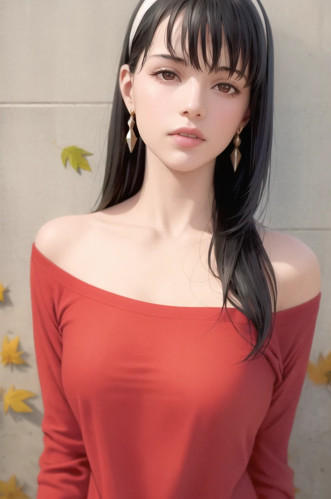 masterpiece, (photorealistic:1.5), best quality, beautiful lighting,

yor briar, 1girl, bangs, black hair, collarbone, earrings, hairband, jewelry, leaf, long hair, long sleeves, off-shoulder shirt, off shoulder, red eyes, red shirt, shirt, solo, upper body, white hairband,  sweater, RAW photo, 8k uhd, film grain