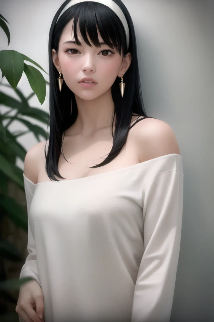 masterpiece, (photorealistic:1.5), best quality, beautiful lighting,

yor briar, 1girl, bangs, black hair, collarbone, earrings, hairband, jewelry, leaf, long hair, long sleeves, off-shoulder shirt, off shoulder, red eyes, red shirt, shirt, solo, upper body, white hairband,  sweater, RAW photo, 8k uhd, film grain