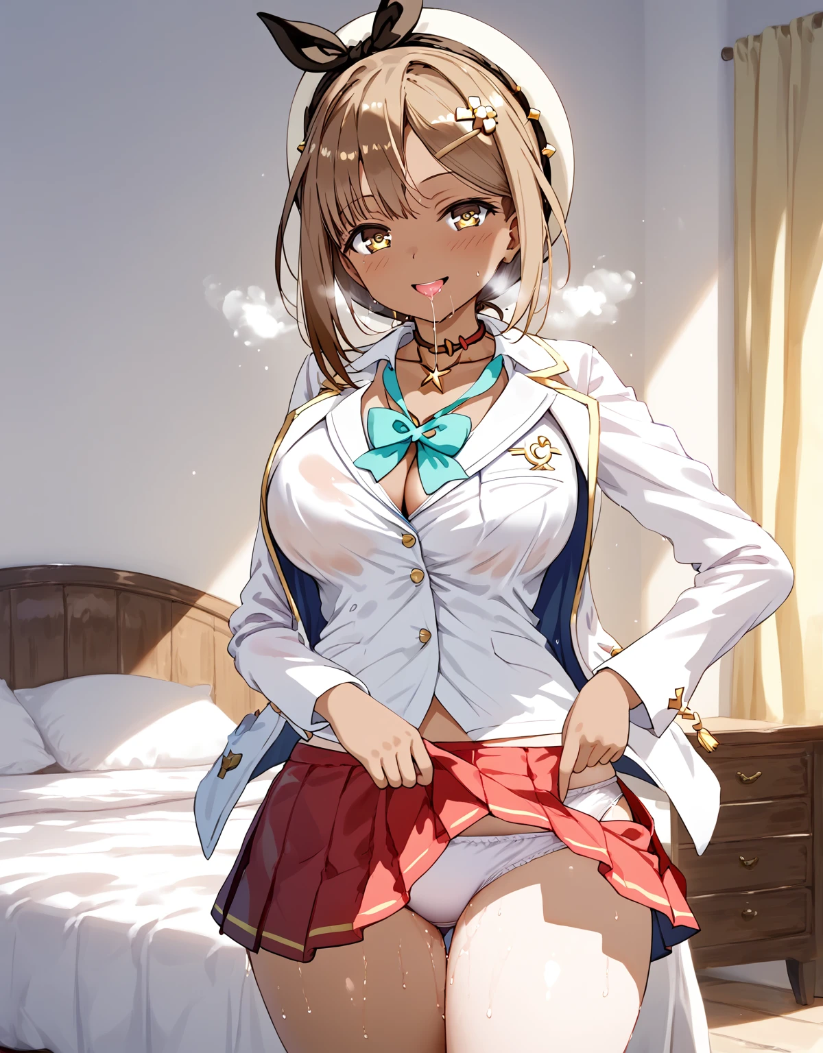 ((solo girl)),((Perfect body,))((Super beautiful,))((High quality,)),in bedroom,((Perfect body,))((Super beautiful,))((High quality,))breast,collar,nswf,cowboy shot, ((Reisalin Stout,Atelier Ryza,hat,hairbow,Yellow blond hair,dark brown skin,white blazer school uniforms,very short red Pleated skirts,))Pleated skirts that are too short and expose underwear,(white sexual underwear,)(Heavy breathing,saliva, sweat, Sweaty and wet all over,)(Lift up the hem of her skirt to show off her crotch),Smile,Close mouth,