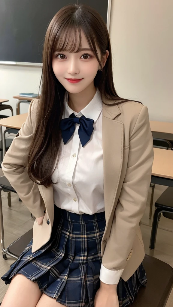 navy jacket、In detail, High resolution, high quality、Beautiful fine details, long hair, Natural color lip、1 person、Clear Skin、Shiny Hair、Tabletop, 最high quality, Super detailed, In detail, High resolution, 8k、Beautiful feet,Perfect beautiful face,KPOP idol faces,Ecstatic face、Cute face、smile、classroom,collared white shirt,blazer style uniform,knee length pleated skirt,tartan check skirt