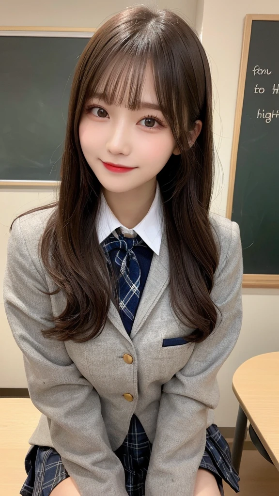 navy jacket、In detail, High resolution, high quality、Beautiful fine details, long hair, Natural color lip、1 person、Clear Skin、Shiny Hair、Tabletop, 最high quality, Super detailed, In detail, High resolution, 8k、Beautiful feet,Perfect beautiful face,KPOP idol faces,Ecstatic face、Cute face、smile、classroom,collared white shirt,blazer style uniform,knee length pleated skirt,tartan check skirt