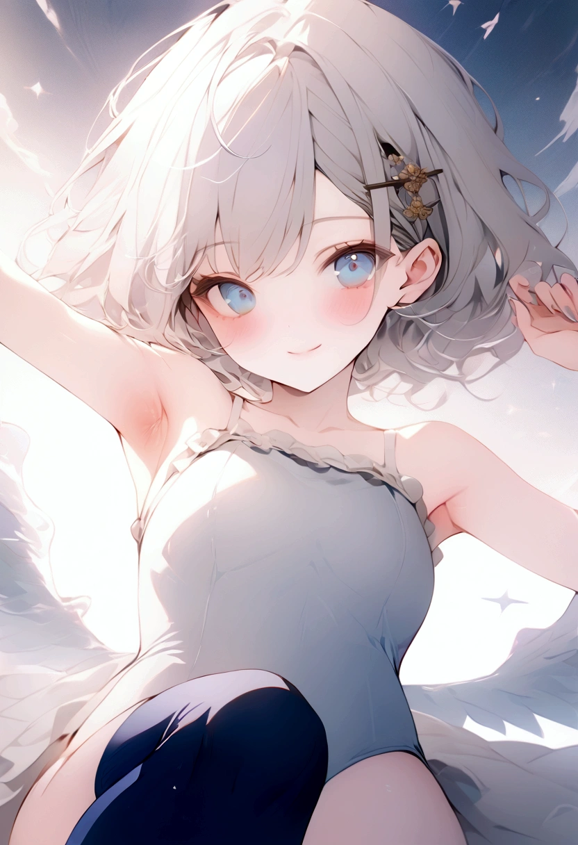 beautiful, masterpiece, Highest quality, anime, One girl, C Cup,Portrait Shot, View your viewers, Intricate details,>,((Covered、Short Hair、nearby、Blue Eyes、art、、White hair,Blue streaked hair、wallpaper、、white_gloves、hairpin、smile、Angel、Thighs、Halo、Wolf Hair、Nipples、lotion、Lying on your back、foot、Silk Bikini