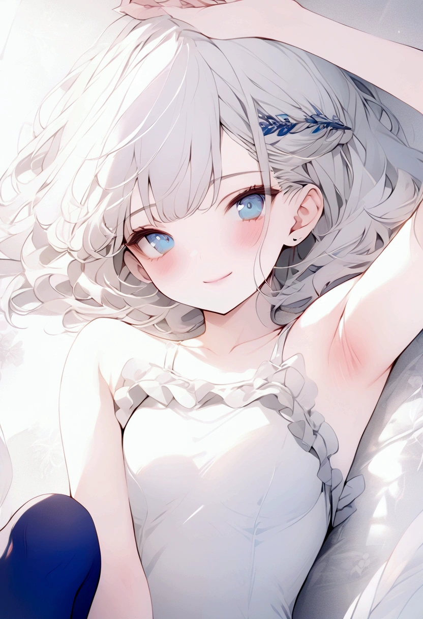 beautiful, masterpiece, Highest quality, anime, One girl, C Cup,Portrait Shot, View your viewers, Intricate details,>,((Covered、Short Hair、nearby、Blue Eyes、art、White hair,Blue streaked hair、wallpaper、silk_White Knee Highs、hairpin、smile、Thighs、、lotion、Lying on your back、Armpit、silk_White frilly school swimsuit