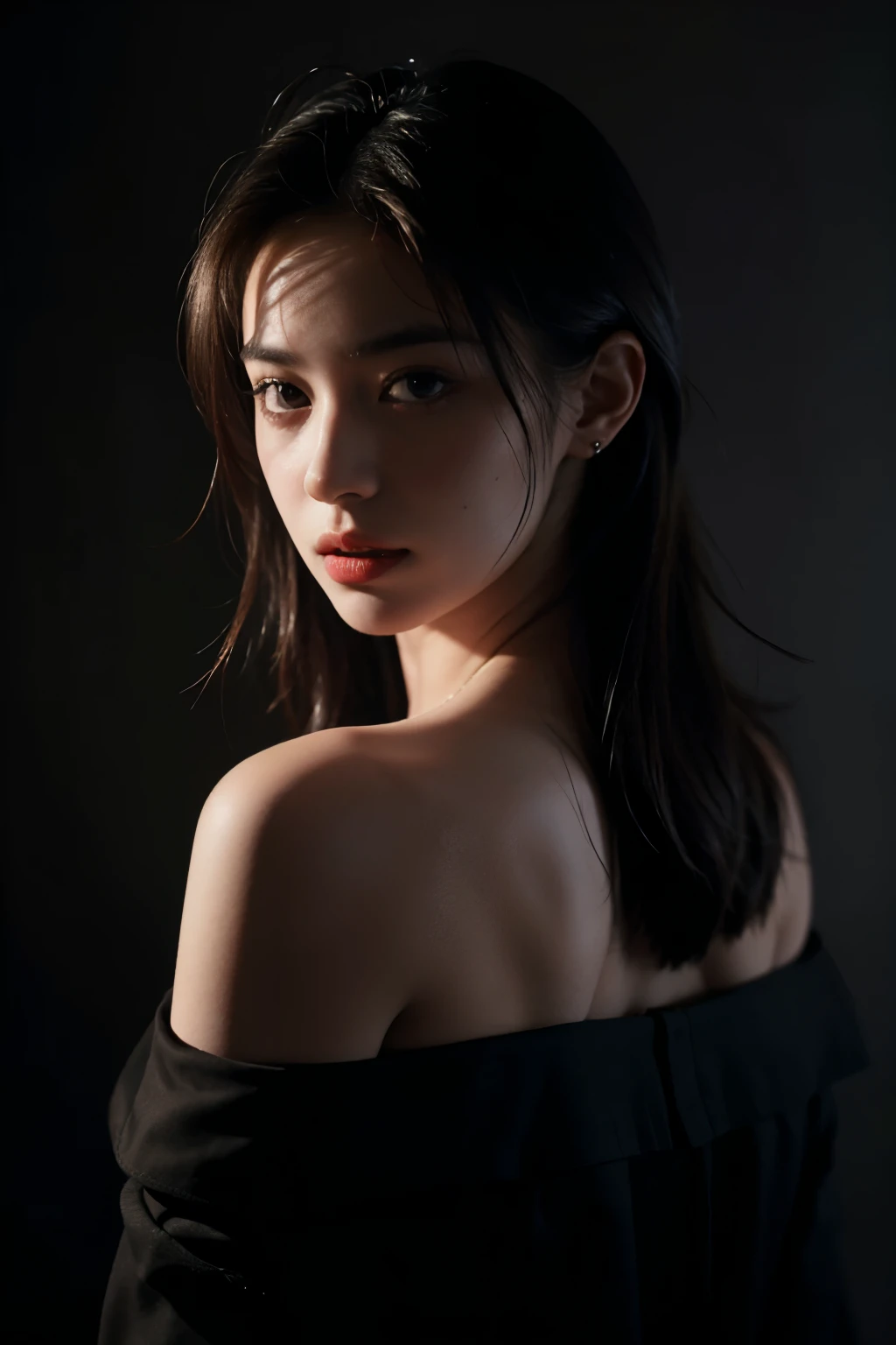 Best quality, masterpiece, ultra high res, (photorealistic:1.5), raw photo, 1girl, in the dark, deep shadow, low key, cold light, sexy look, short hair, swimsuit